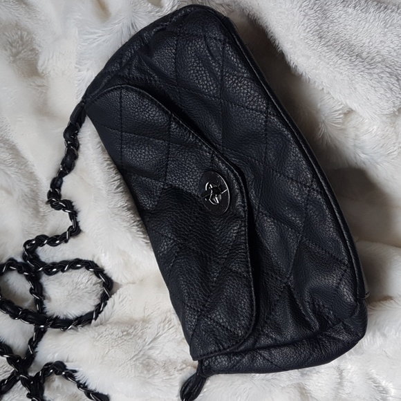 Crossbody Black Quilted Purse w/ metal clasp & vegan leather chain strap | Small - Picture 6 of 16